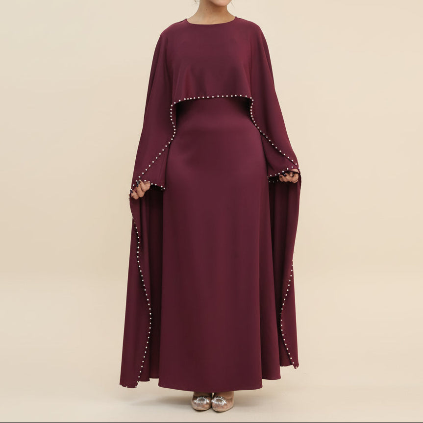 Ruhi Pearl-Trimmed Cape Sleeve Abaya Gown