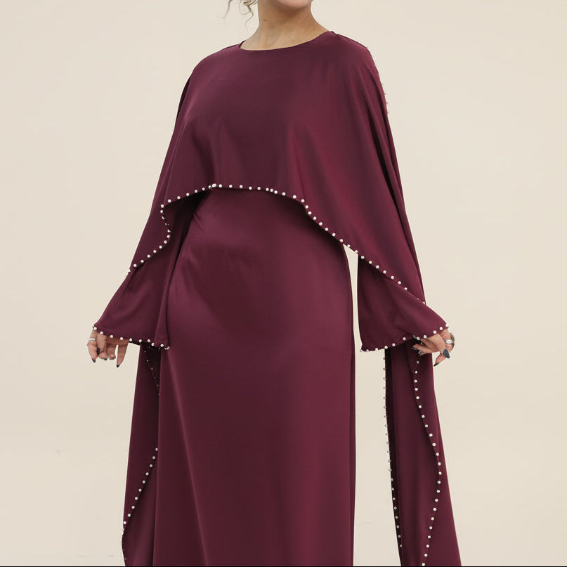 Ruhi Pearl-Trimmed Cape Sleeve Abaya Gown