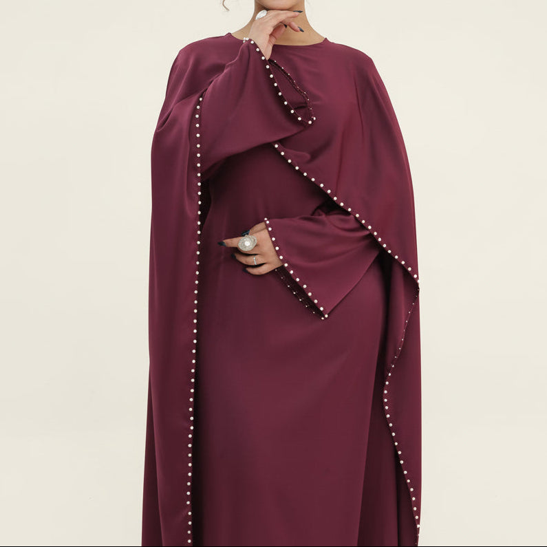 Ruhi Pearl-Trimmed Cape Sleeve Abaya Gown