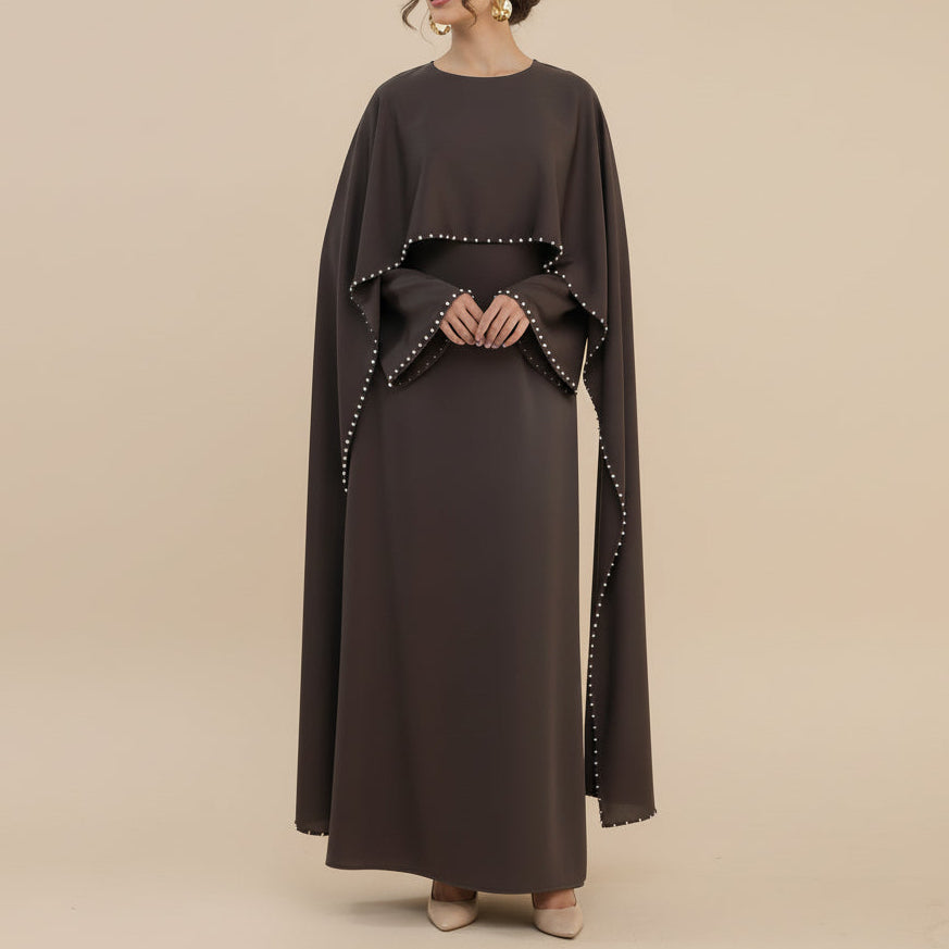 Ruhi Pearl-Trimmed Cape Sleeve Abaya Gown