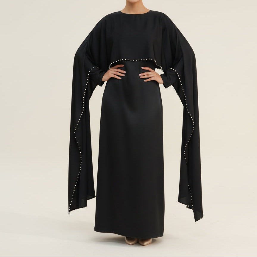 Ruhi Pearl-Trimmed Cape Sleeve Abaya Gown