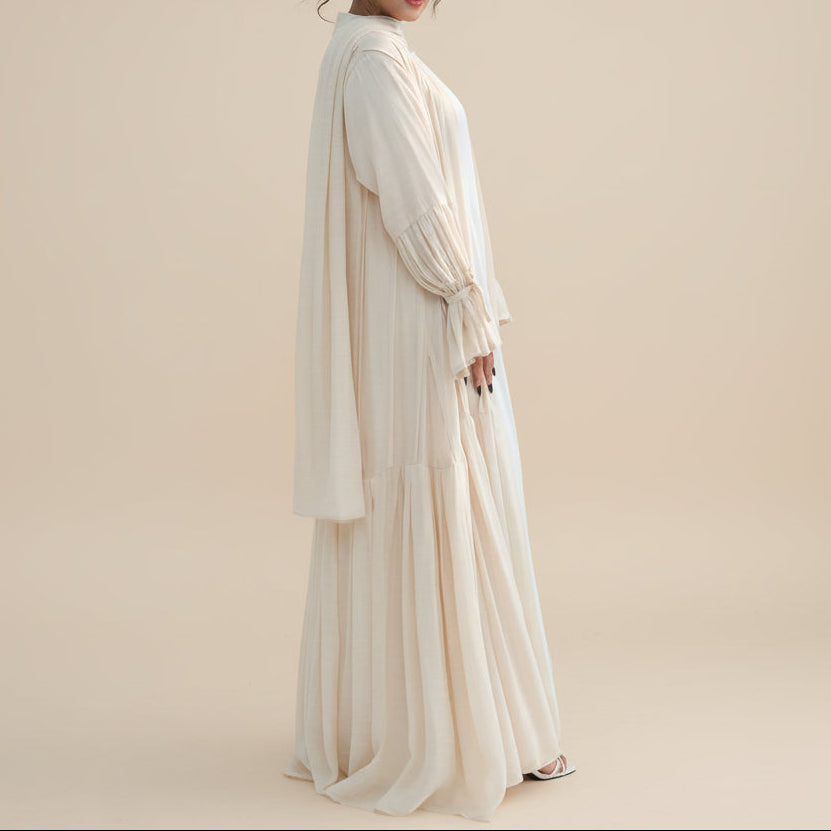 Completo abito da sera Rumi in 2 pezzi: Abaya e hijab morbidi e traspiranti con apertura frontale