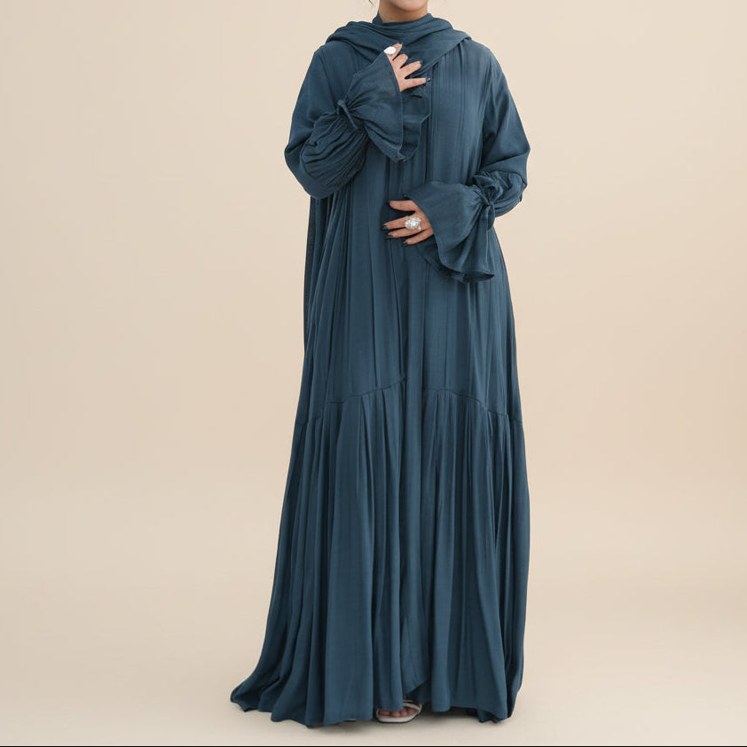 Completo abito da sera Rumi in 2 pezzi: Abaya e hijab morbidi e traspiranti con apertura frontale