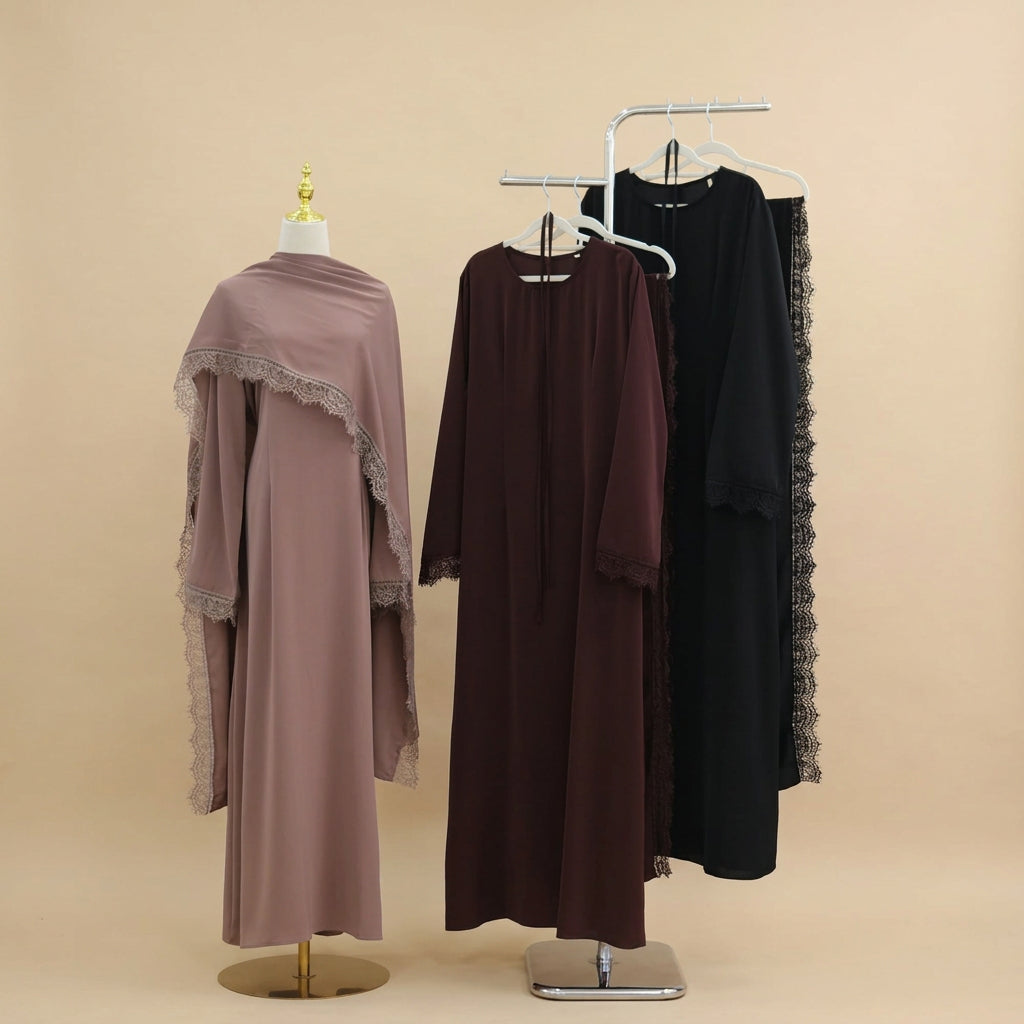 Safiya abaya en hijab-set met kanten afwerking