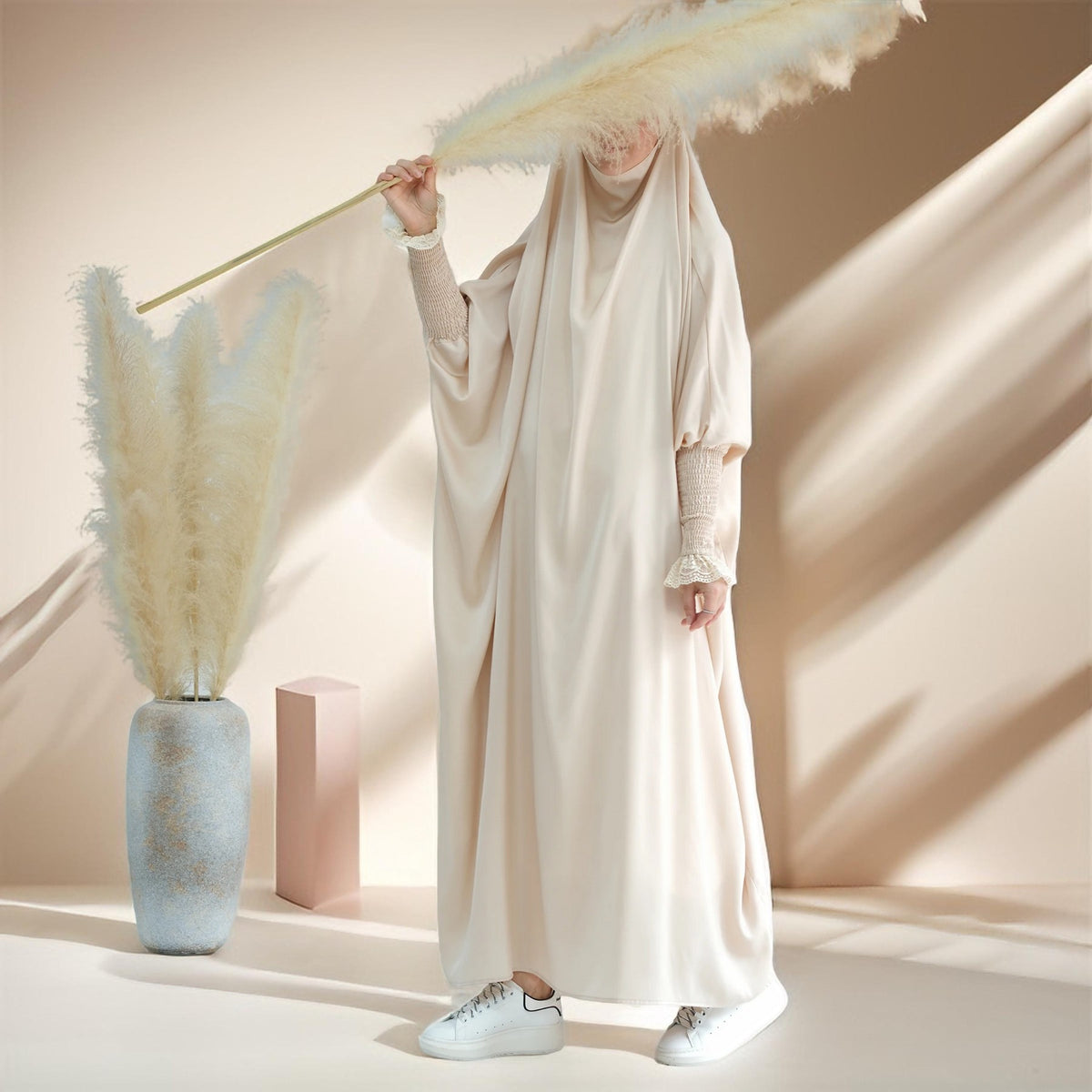 Serenity Ramadan jilbab prayer dress with Ribbed Sleeves and Lace Trim - Try Modest Limited