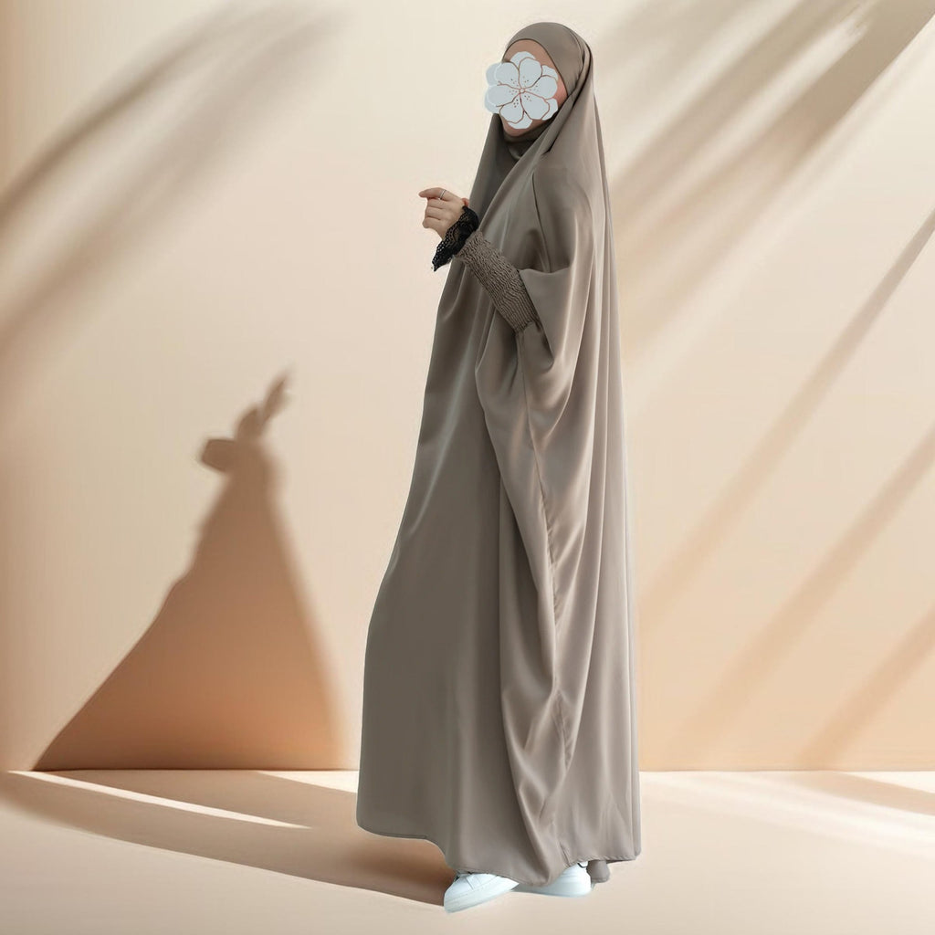 Serenity Ramadan jilbab prayer dress with Ribbed Sleeves and Lace Trim - Try Modest Limited