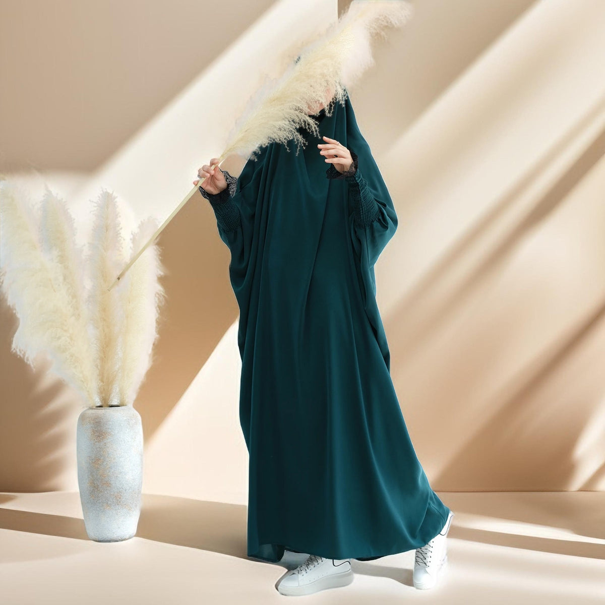 Serenity Ramadan jilbab prayer dress with Ribbed Sleeves and Lace Trim - Try Modest Limited