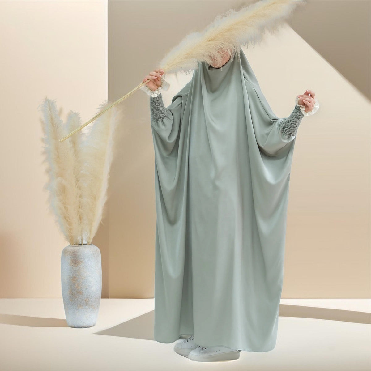 Serenity Ramadan jilbab prayer dress with Ribbed Sleeves and Lace Trim - Try Modest Limited