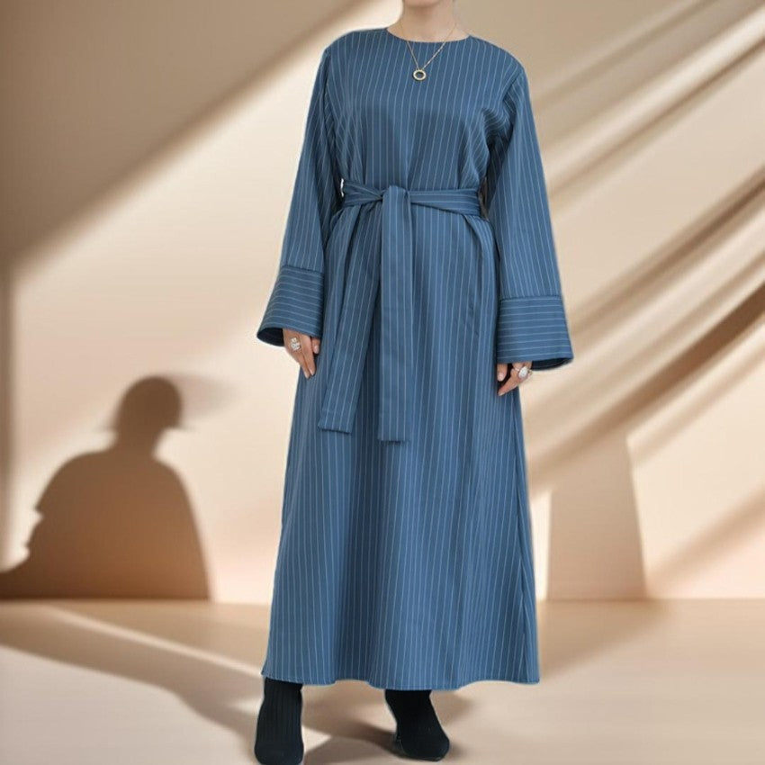 Striped Abaya with Pockets and Detachable Belt - Try Modest Limited