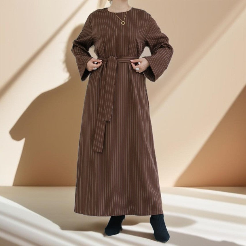 Striped Abaya with Pockets and Detachable Belt - Try Modest Limited 