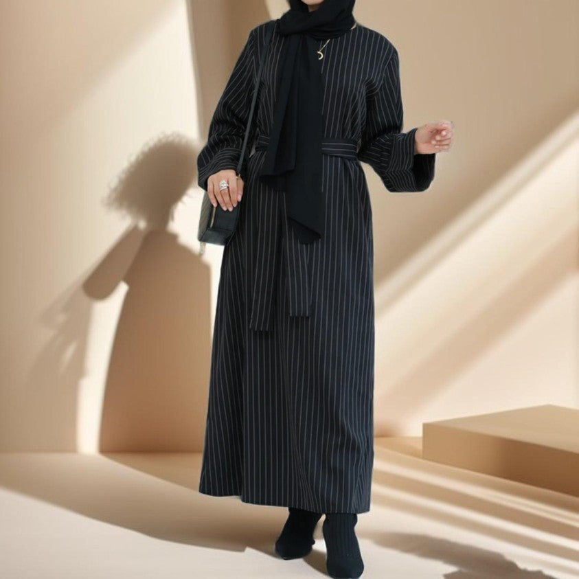 Striped Abaya with Pockets and Detachable Belt - Try Modest Limited 