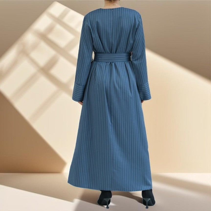 Striped Abaya with Pockets and Detachable Belt - Try Modest Limited
