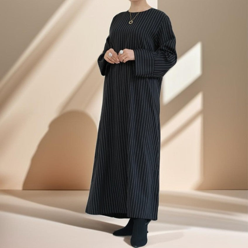 Striped Abaya with Pockets and Detachable Belt - Try Modest Limited