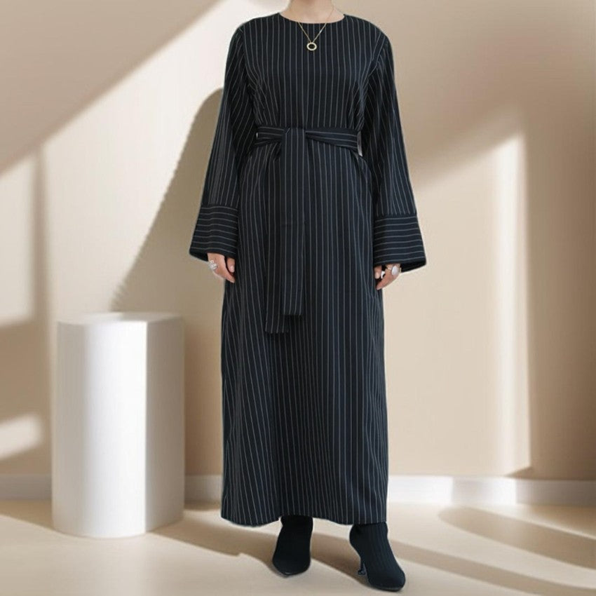 Striped Abaya with Pockets and Detachable Belt - Try Modest Limited 