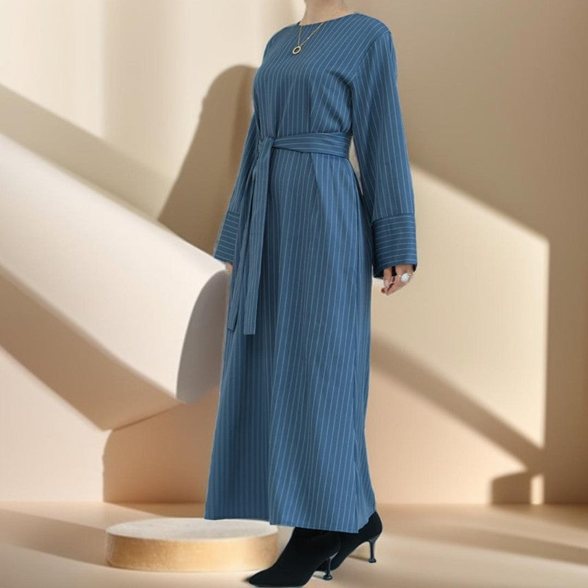 Striped Abaya with Pockets and Detachable Belt - Try Modest Limited