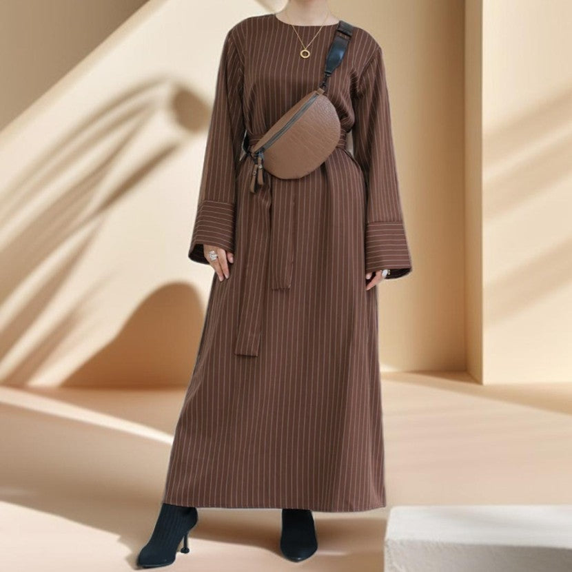 Striped Abaya with Pockets and Detachable Belt - Try Modest Limited 