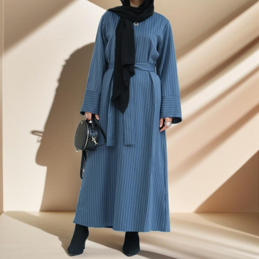 Striped Abaya with Pockets and Detachable Belt - Try Modest Limited