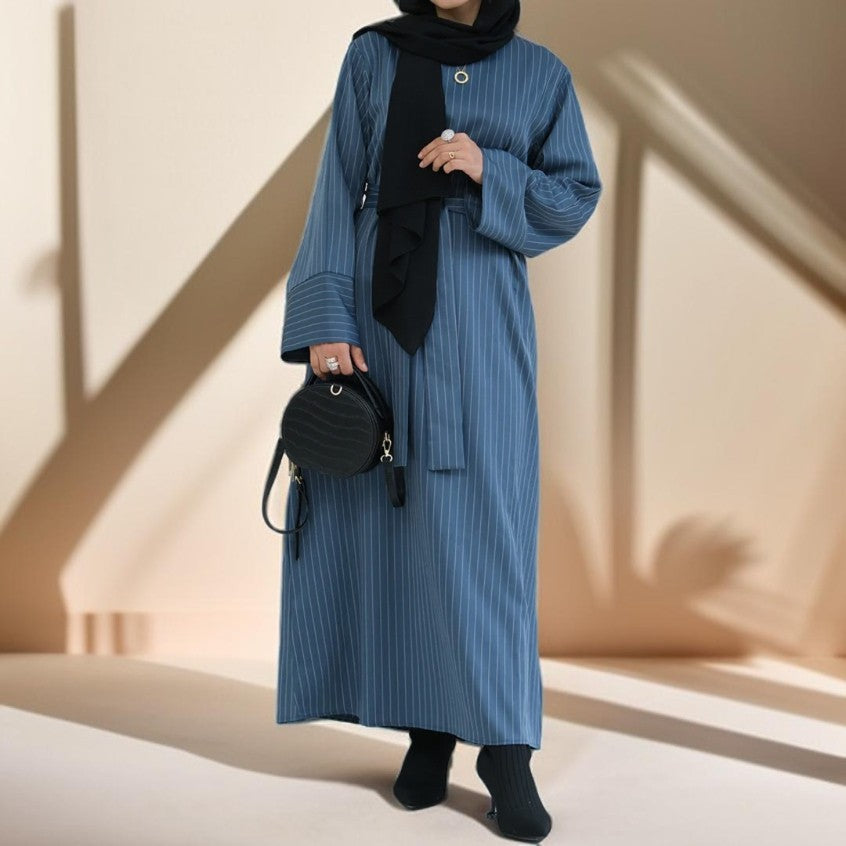 Striped Abaya with Pockets and Detachable Belt - Try Modest Limited