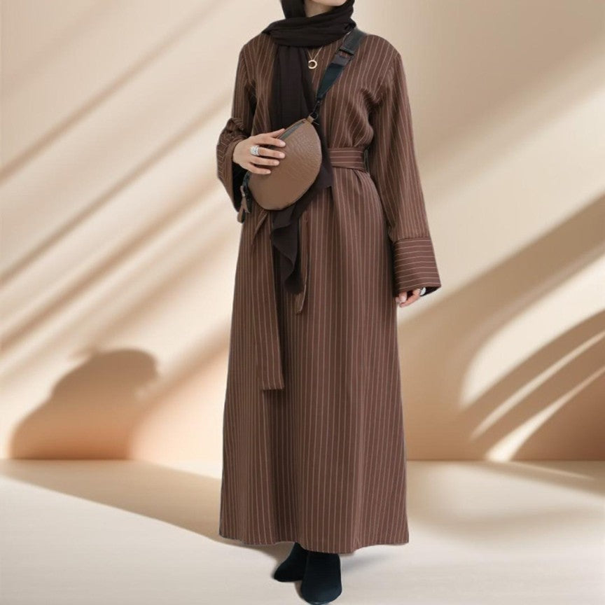 Striped Abaya with Pockets and Detachable Belt - Try Modest Limited