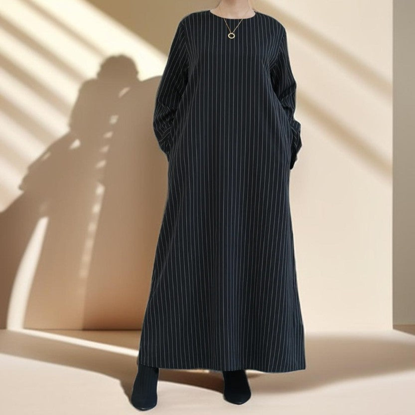 Striped Abaya with Pockets and Detachable Belt - Try Modest Limited 