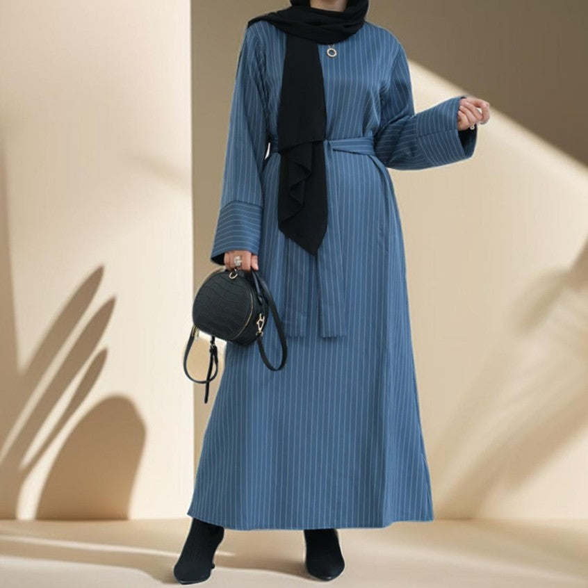 Striped Abaya with Pockets and Detachable Belt - Try Modest Limited