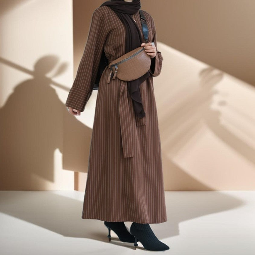 Striped Abaya with Pockets and Detachable Belt - Try Modest Limited 