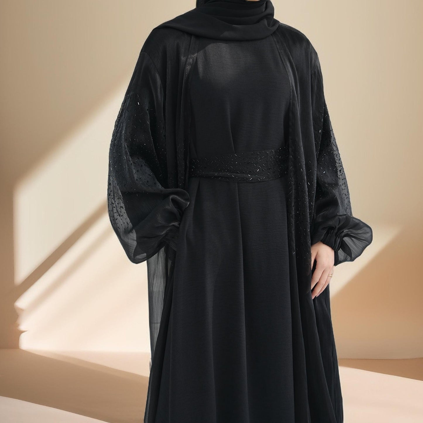 Stunning 2-Piece Abaya Set with Embellished Stones - Try Modest Limited 