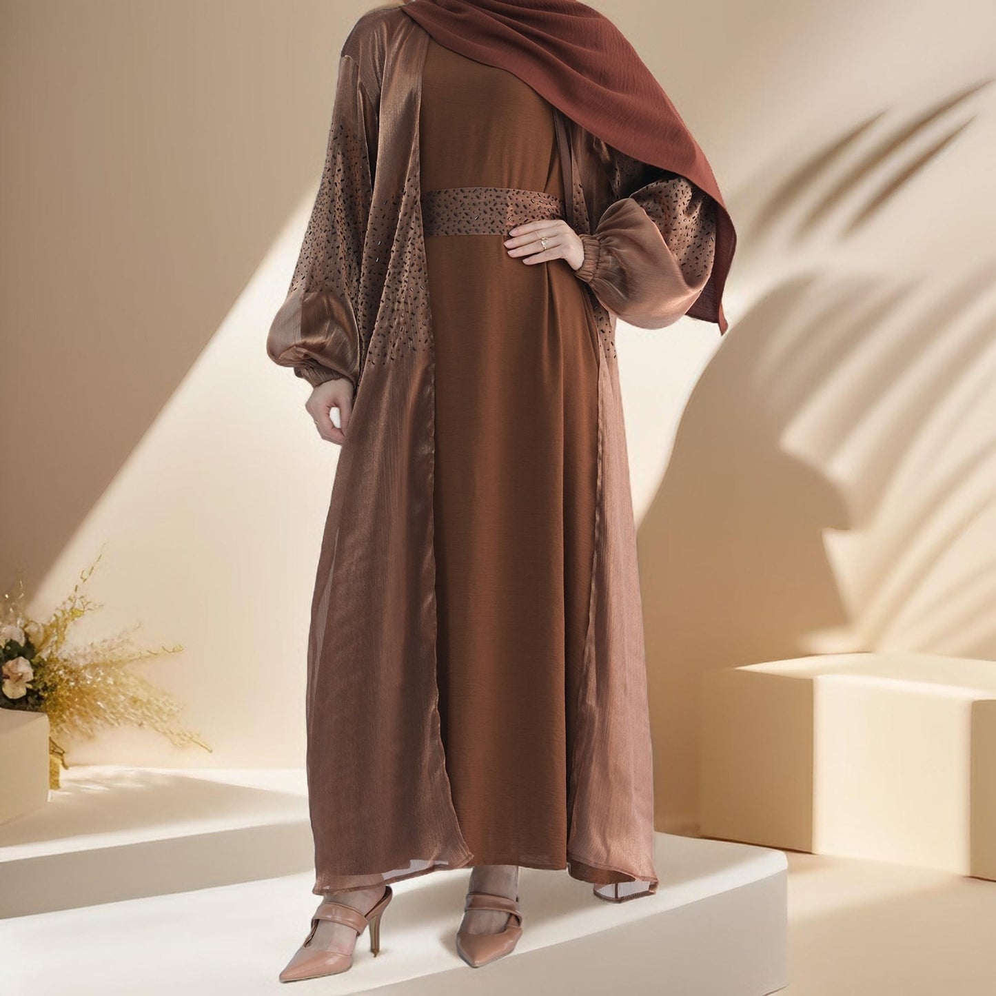 Stunning 2-Piece Abaya Set with Embellished Stones - Try Modest Limited 