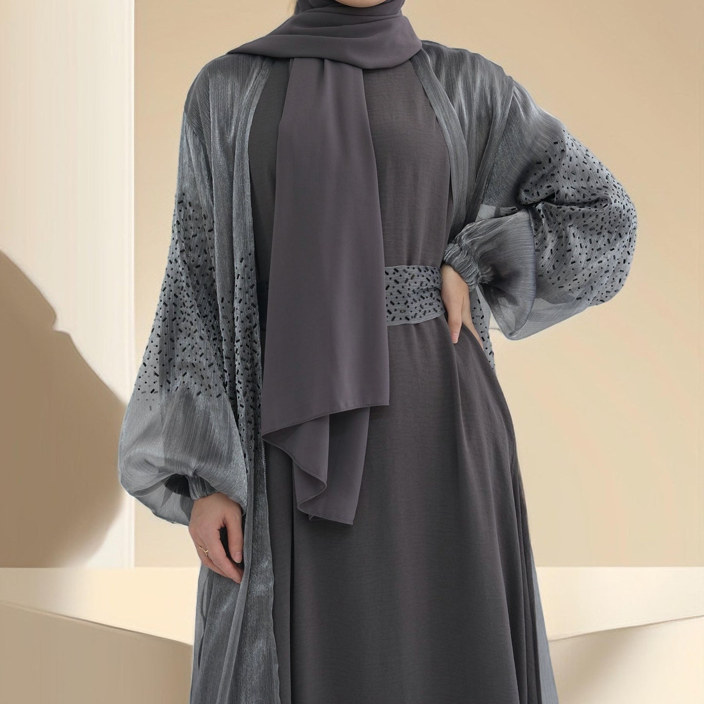 Stunning 2-Piece Abaya Set with Embellished Stones - Try Modest Limited 