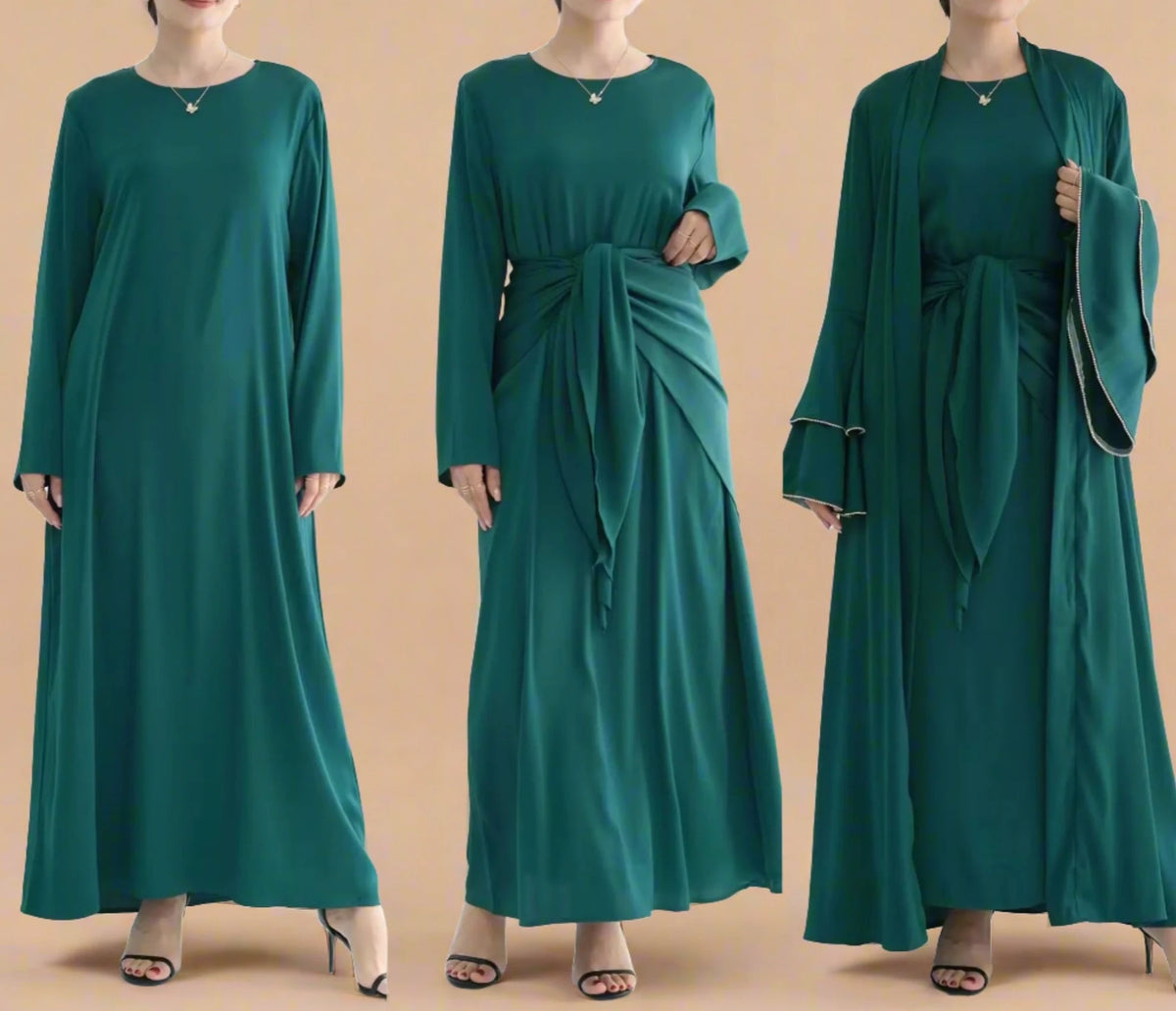 Sultanah 3-Piece Abaya Set featuring Throwover Abaya, Slip Dress, and Apron - Try Modest Limited