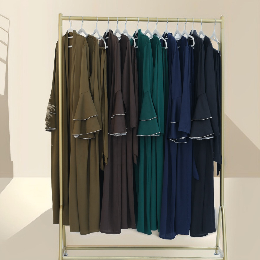 Sultanah 3-Piece Abaya Set featuring Throwover Abaya, Slip Dress, and Apron - Try Modest Limited