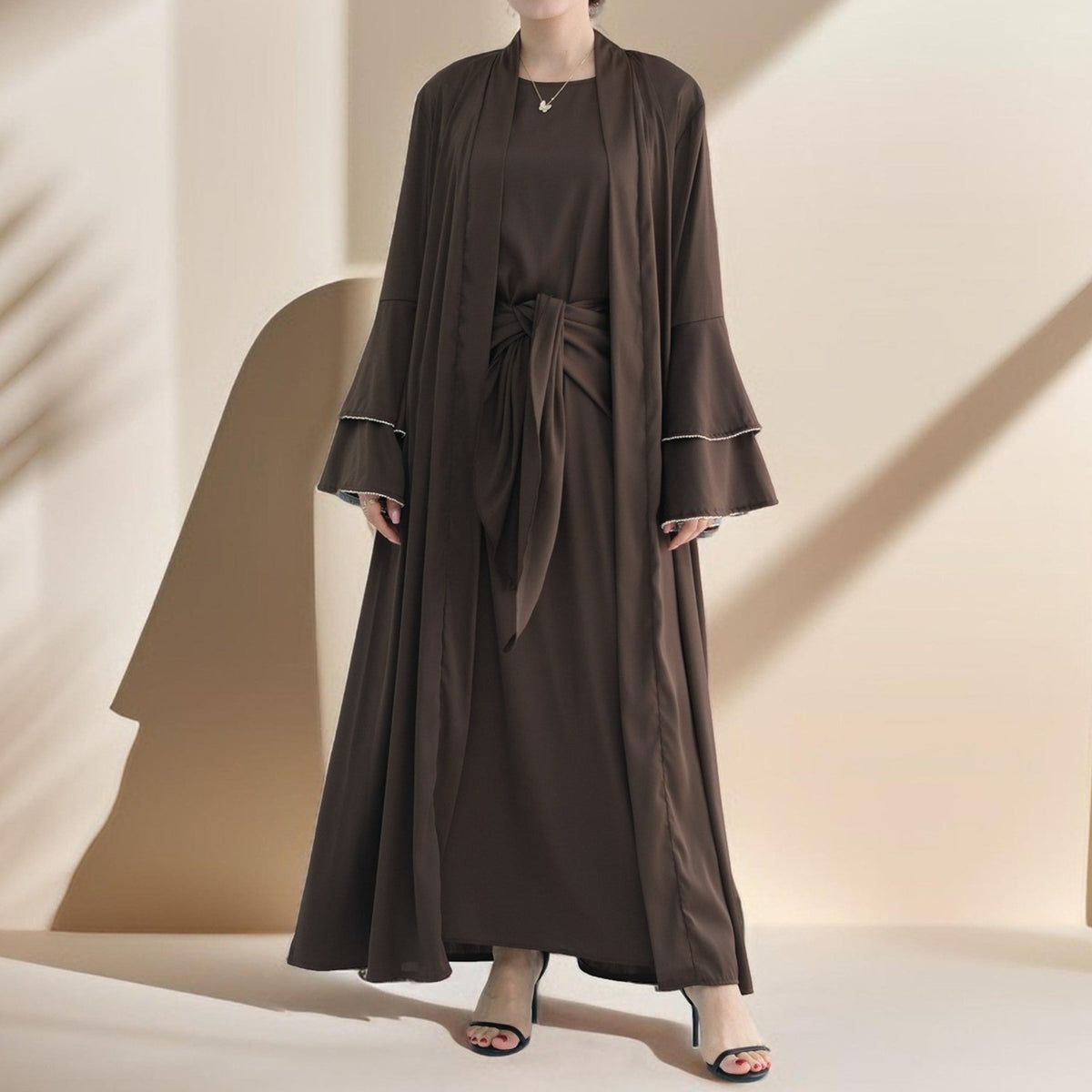 Sultanah 3-Piece Abaya Set featuring Throwover Abaya, Slip Dress, and Apron - Try Modest Limited