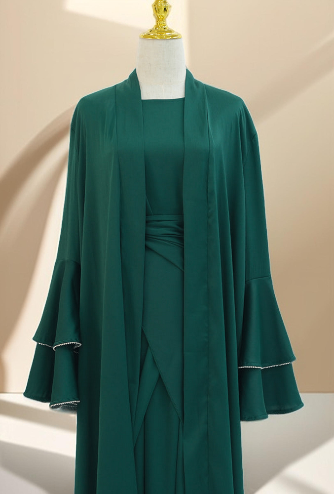 Sultanah 3-Piece Abaya Set featuring Throwover Abaya, Slip Dress, and Apron - Try Modest Limited