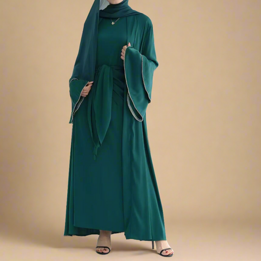 Sultanah 3-Piece Abaya Set con Throwover Abaya, Slip Dress, y delantal