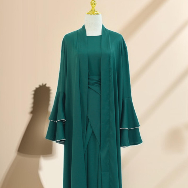 Sultanah 3-Piece Abaya Set featuring Throwover Abaya, Slip Dress, and Apron - Try Modest Limited 