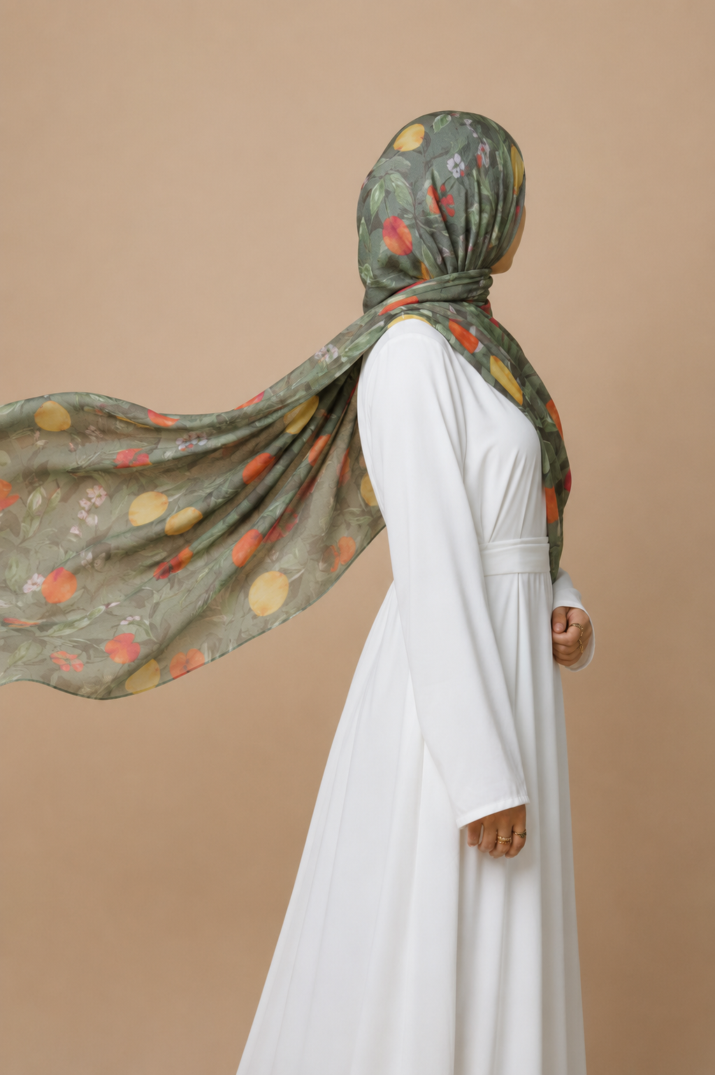 Summer Orchard Printed Premium Modal Hijab in soft olive green with botanical fruit print and flowing drape