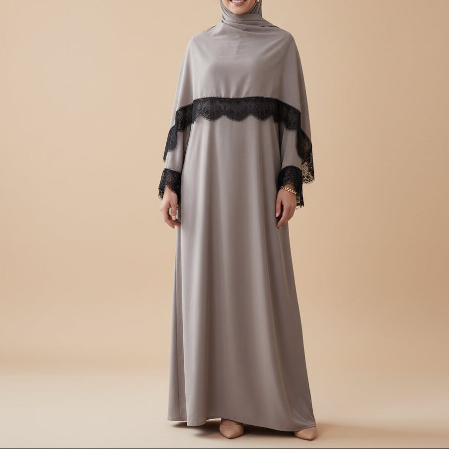 Taline Lace Trim Abaya & Hijab Sett
