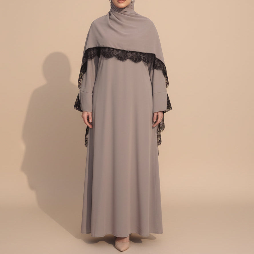 Taline Lace Trim Abaya & Hijab Sett