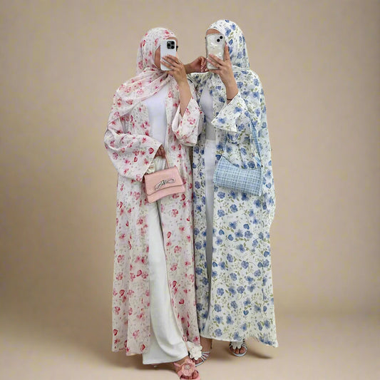 Conjunto de abaya y hiyab con flores rosas
