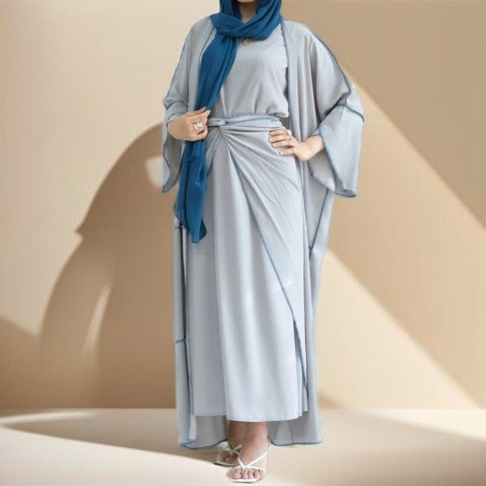 Three Piece Grey Maxi Abaya Set with Contrast Stitching - Try Modest Limited