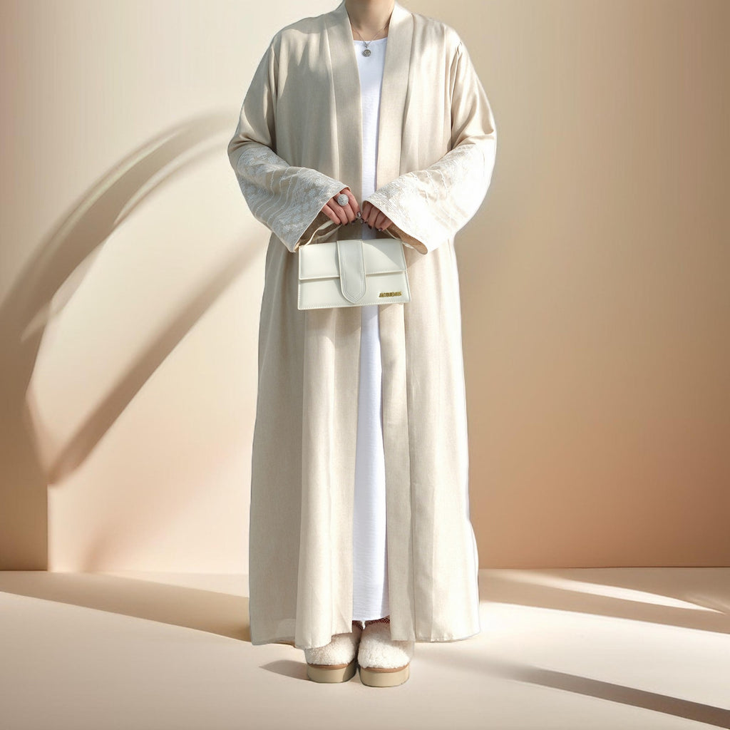 Traditional Embroidered Linen Abaya with Open Front - Try Modest Limited