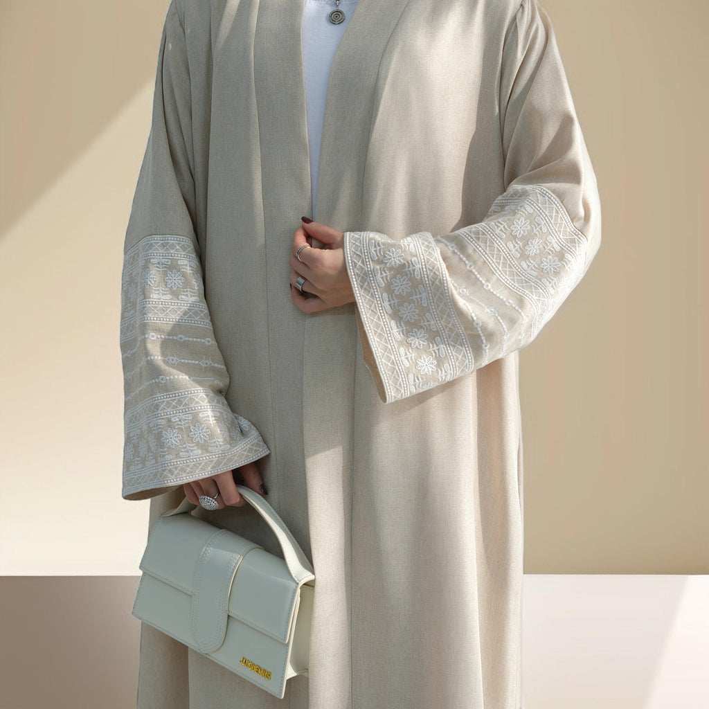 Traditional Embroidered Linen Abaya with Open Front - Try Modest Limited