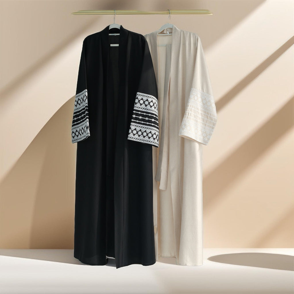 Traditional Embroidered Linen Abaya with Open Front - Try Modest Limited
