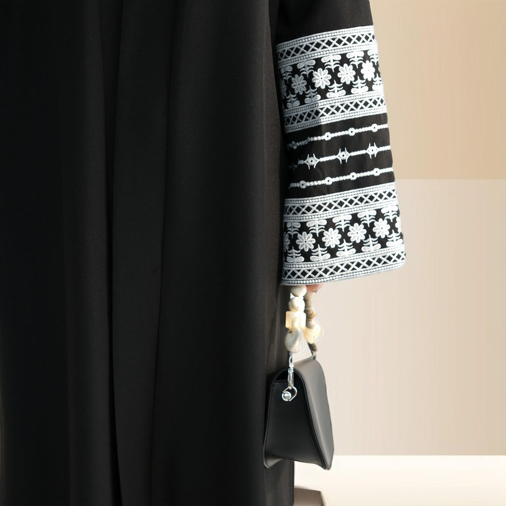 Traditional Embroidered Linen Abaya with Open Front - Try Modest Limited