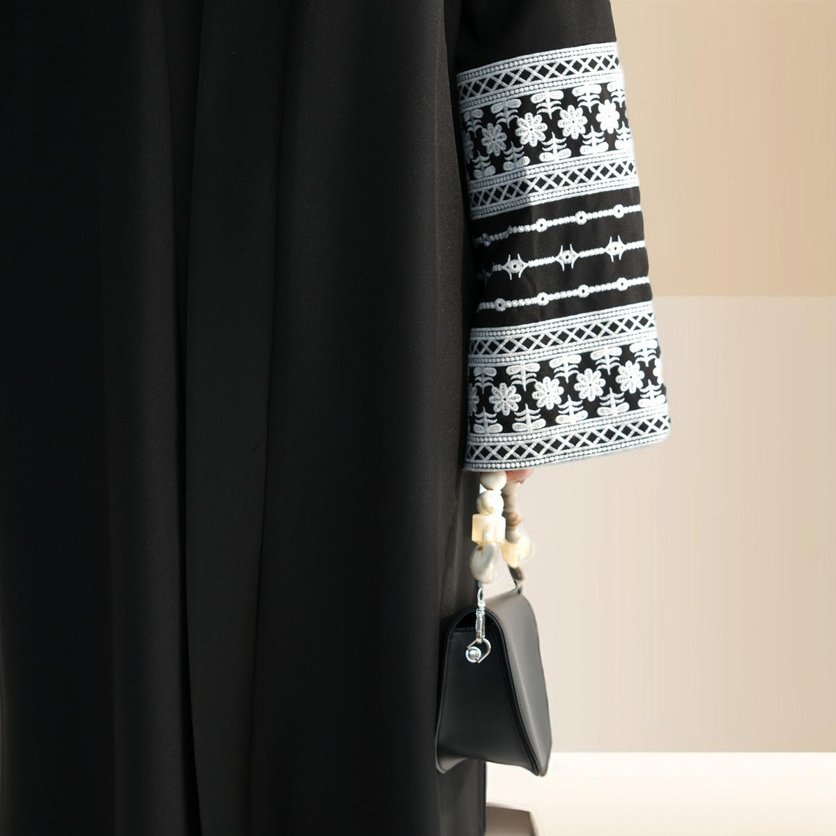 Traditional Embroidered Linen Abaya with Open Front - Try Modest Limited