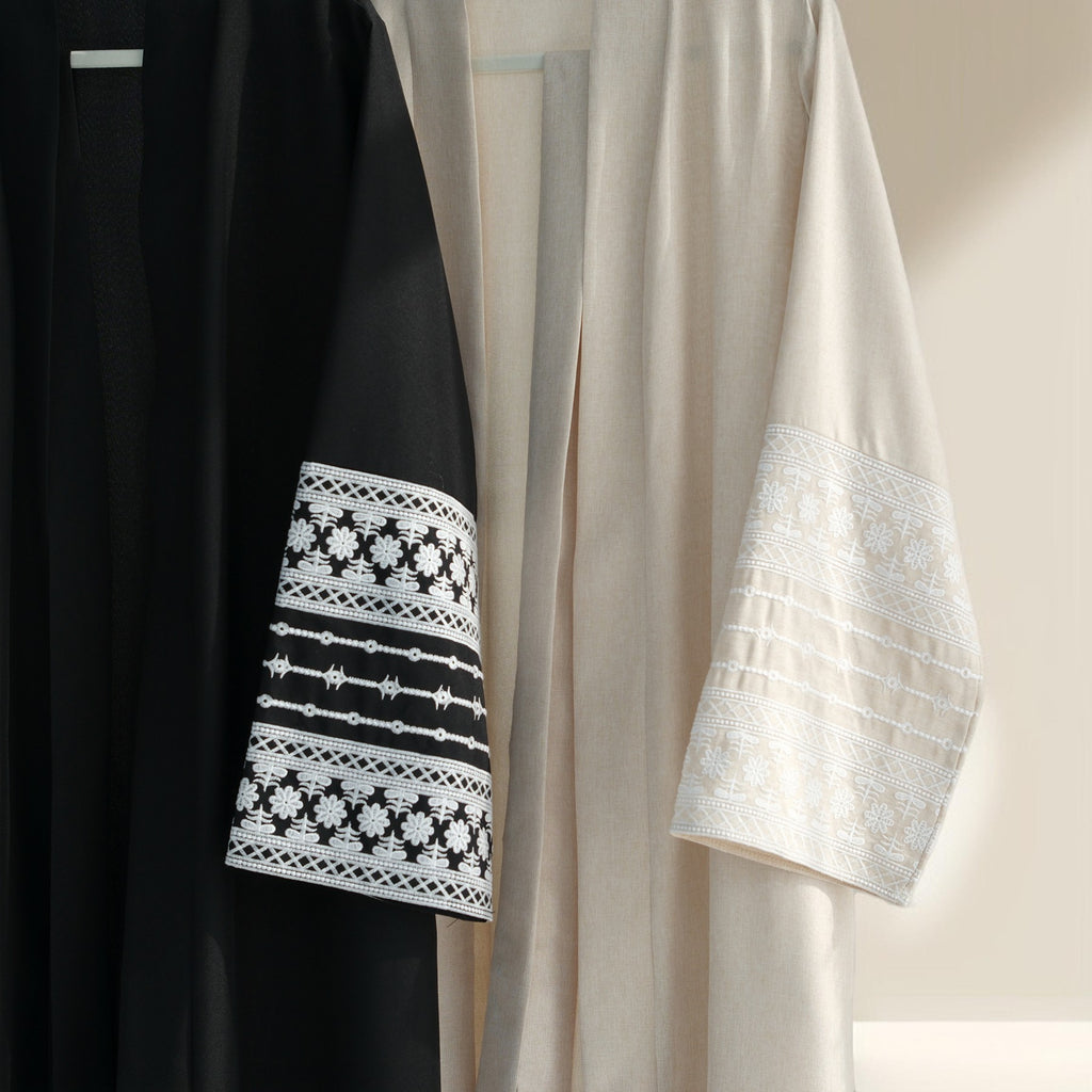 Traditional Embroidered Linen Abaya with Open Front - Try Modest Limited