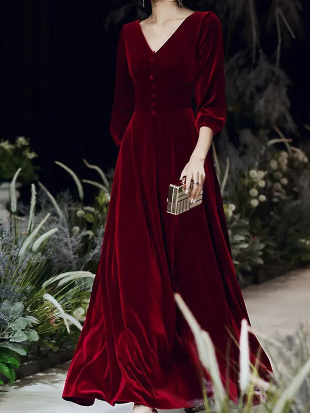Velvet Evening Gown with Three Quarter Sleeves - Try Modest Limited