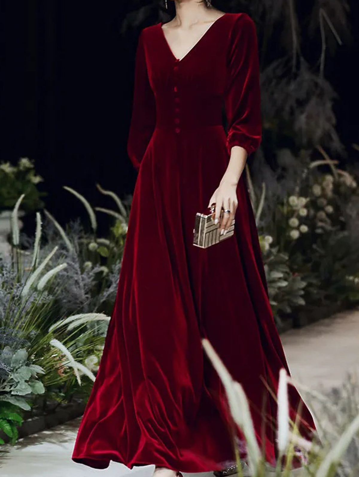 Velvet Evening Gown with Three Quarter Sleeves - Try Modest Limited