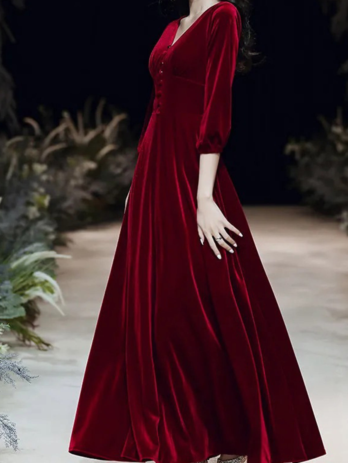 Velvet Evening Gown with Three Quarter Sleeves - Try Modest Limited