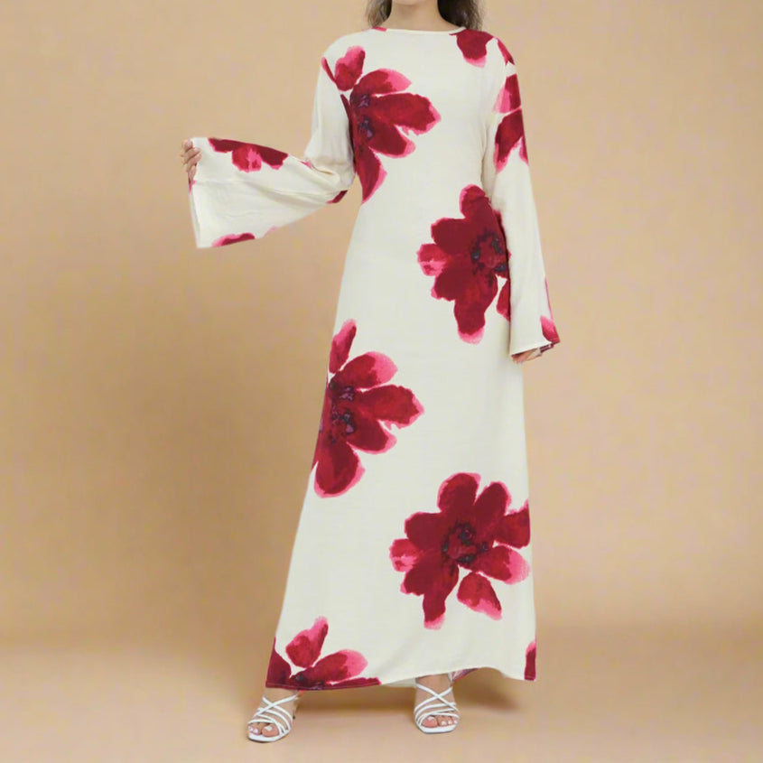 White Blossom Bell-Sleeve Modest Maxi Dress - Try Modest Limited